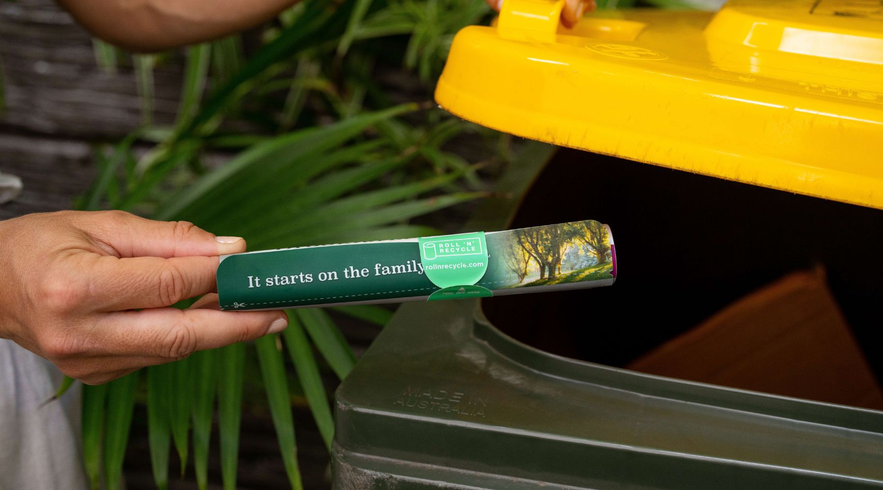 Recycling the Brookfarm Roll 'N' Recycle pack in home recycle bin.