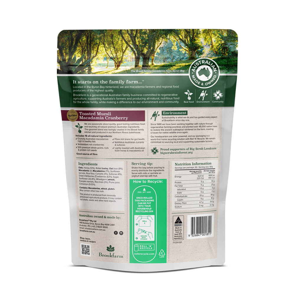 Toasted Muesli Macadamia Cranberry 1.3kg Back of Pack - Brookfarm
