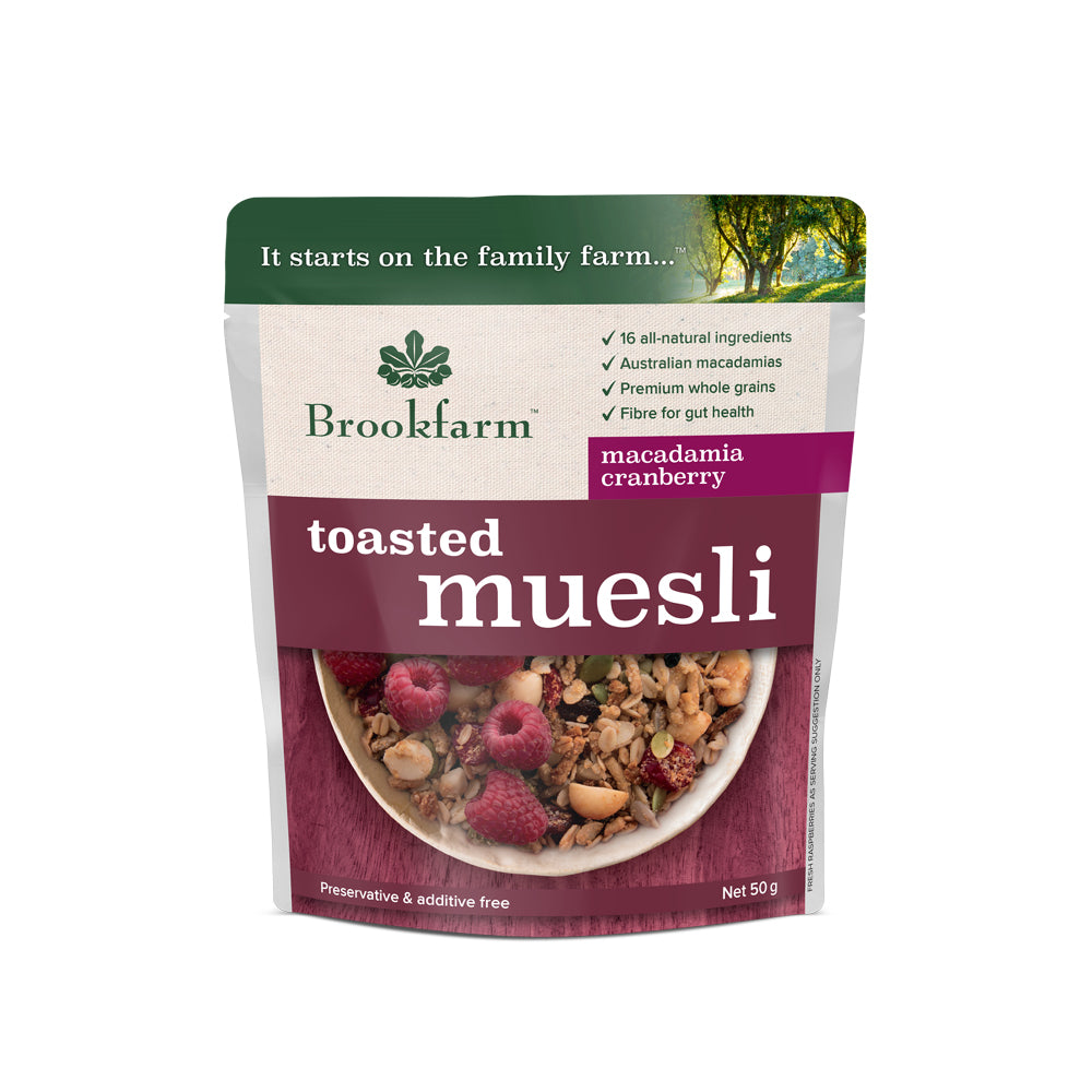 Toasted Muesli Macadamia Cranberry 50g Scahet - Brookfarm